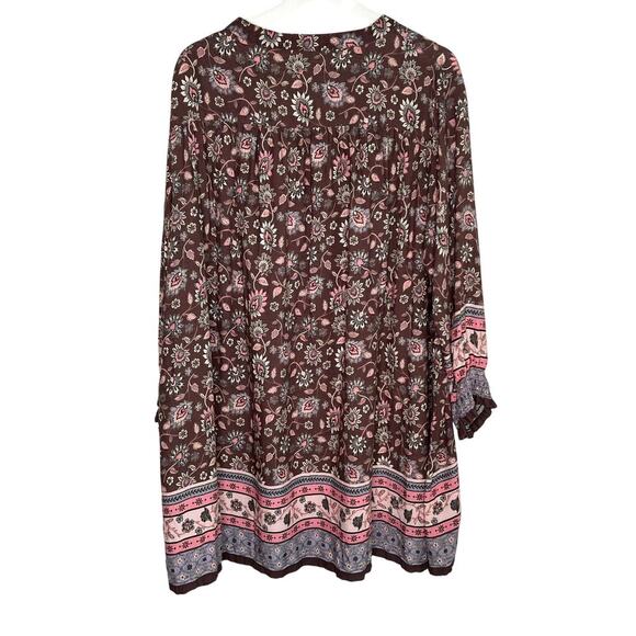Natural Life Floral Long Sleeve V-Neck Boho Mini Tunic Dress  Brown Womens Large - Picture 8 of 9